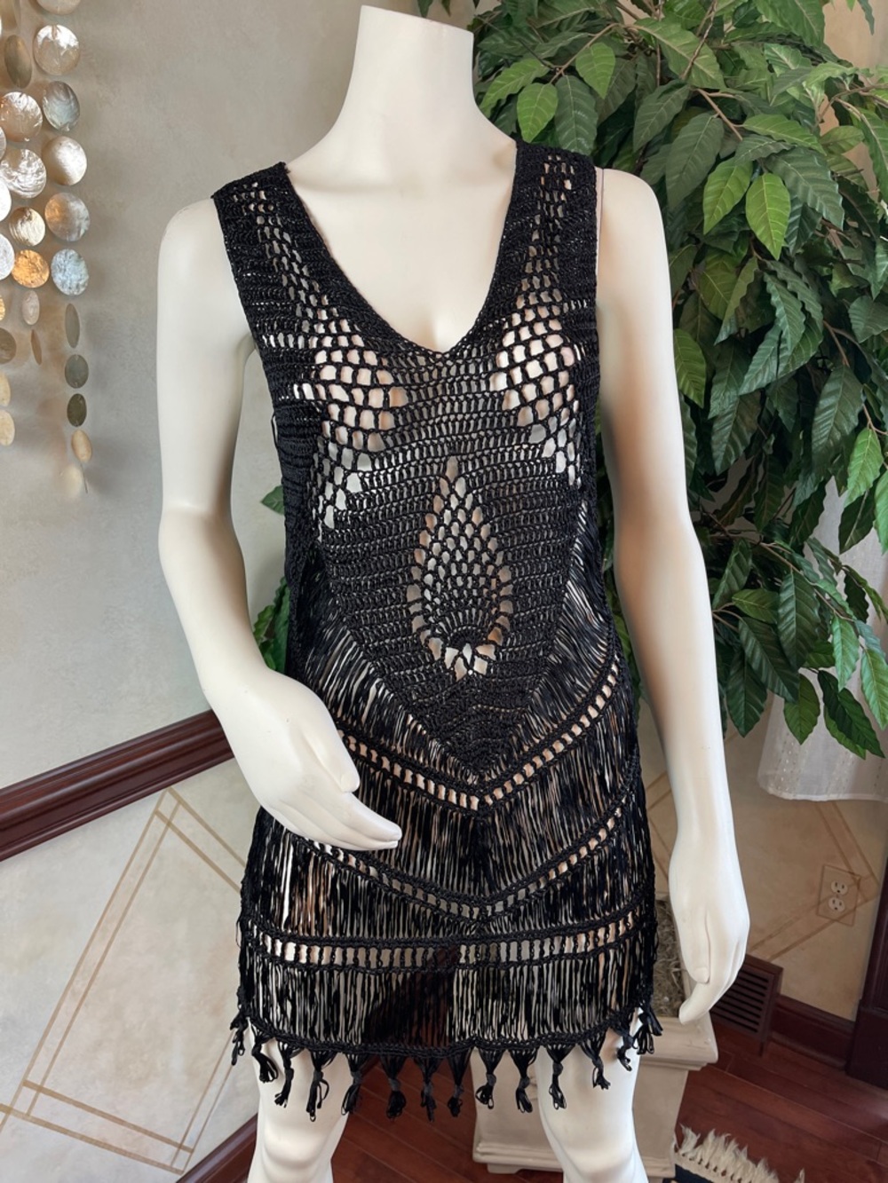 BOSTON PROPER BLACK MACRAMÉ FRINGE COVERUP
